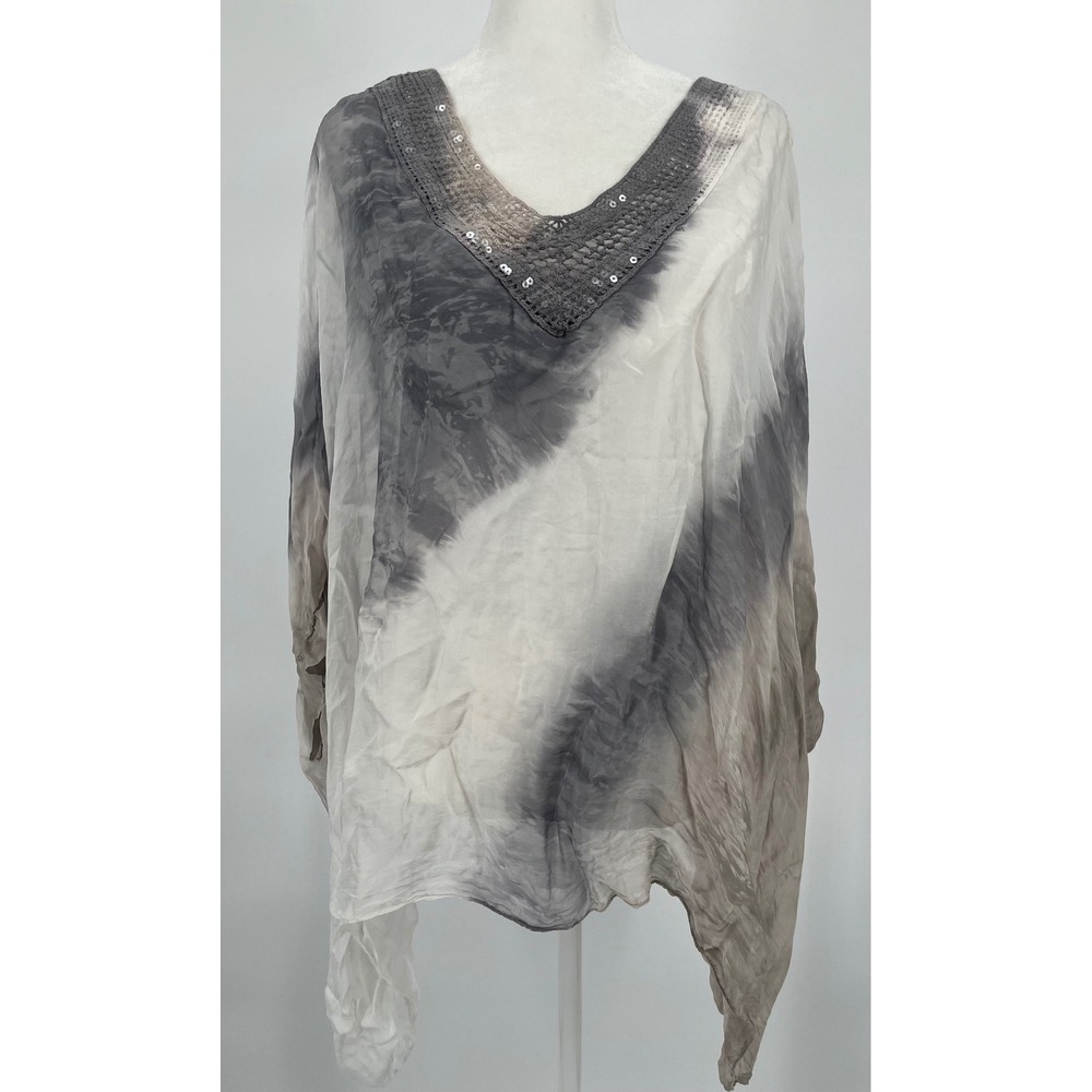 Made In Italy Women's Blouse 100%‎ Silk Pink Gray Abstract Lined Kaftan Top OSFA